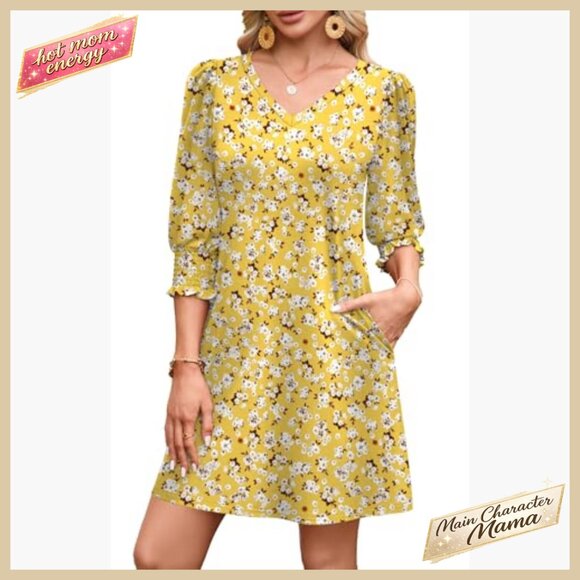 Boho Chic Midi Dress with Puff Sleeves Flowy Vacation Sundress Pockets - Picture 2 of 7